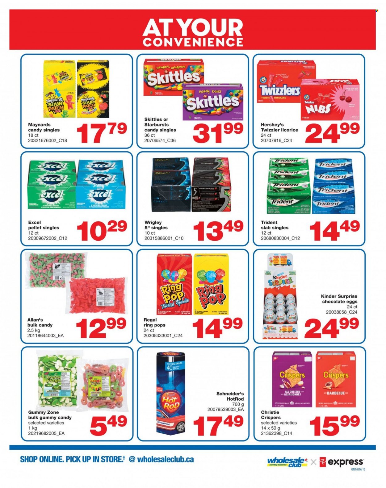 thumbnail - Wholesale Club Flyer - April 28, 2022 - May 18, 2022 - Sales products - cherries, sausage, Hershey's, chocolate, snack, Kinder Surprise, Skittles, Trident, chocolate egg, sour patch. Page 15.