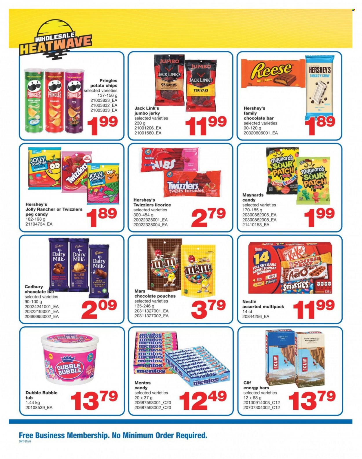 thumbnail - Wholesale Club Flyer - April 28, 2022 - July 06, 2022 - Sales products - onion, cherries, cod, jerky, Hershey's, cookies, white chocolate, Mentos, Mars, Cadbury, Dairy Milk, sour patch, chocolate bar, potato chips, Pringles, chips, Jack Link's, energy bar, Nestlé. Page 6.