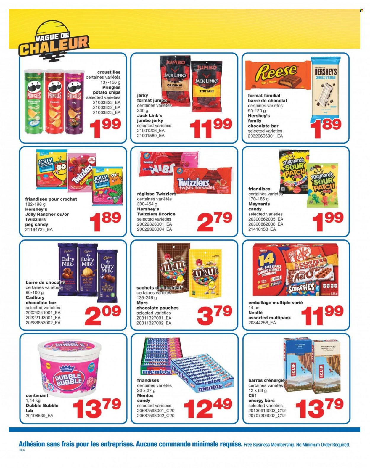 thumbnail - Wholesale Club Flyer - April 28, 2022 - July 06, 2022 - Sales products - cod, jerky, sour cream, Hershey's, cookies, milk chocolate, white chocolate, Mentos, Mars, Cadbury, Dairy Milk, sour patch, chocolate bar, potato chips, Pringles, chips, Jack Link's, energy bar, coffee, Nestlé. Page 6.