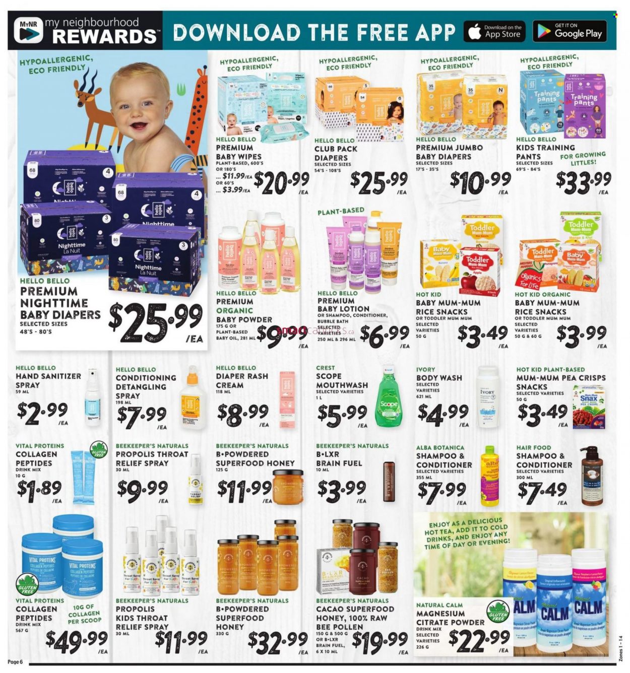 thumbnail - Nesters Food Market Flyer - April 24, 2022 - May 21, 2022 - Sales products - snack, rice, honey, tea, wipes, pants, baby wipes, nappies, baby pants, baby powder, baby oil, body wash, bubble bath, mouthwash, Crest, conditioner, body lotion, Mum, hand sanitizer, magnesium, Vital Proteins, kiwi, shampoo. Page 6.