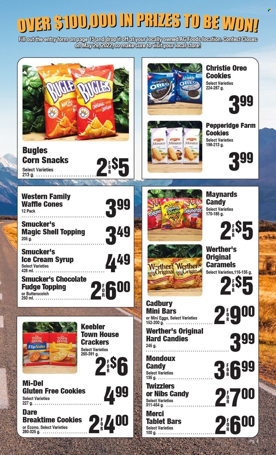 thumbnail - AG Foods Flyer - May 01, 2022 - May 28, 2022 - Sales products - ice cream, butterscotch, cookies, fudge, snack, crackers, Cadbury, Merci, Keebler, Sour Patch, topping, syrup, Oreo. Page 3.
