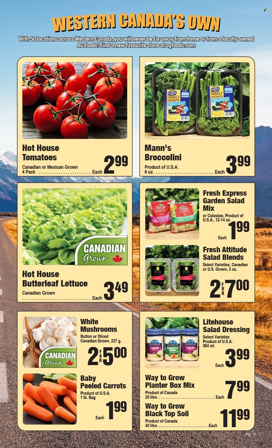 thumbnail - AG Foods Flyer - May 01, 2022 - May 28, 2022 - Sales products - mushrooms, carrots, tomatoes, broccolini, coleslaw, salad dressing, dressing, far away. Page 11.