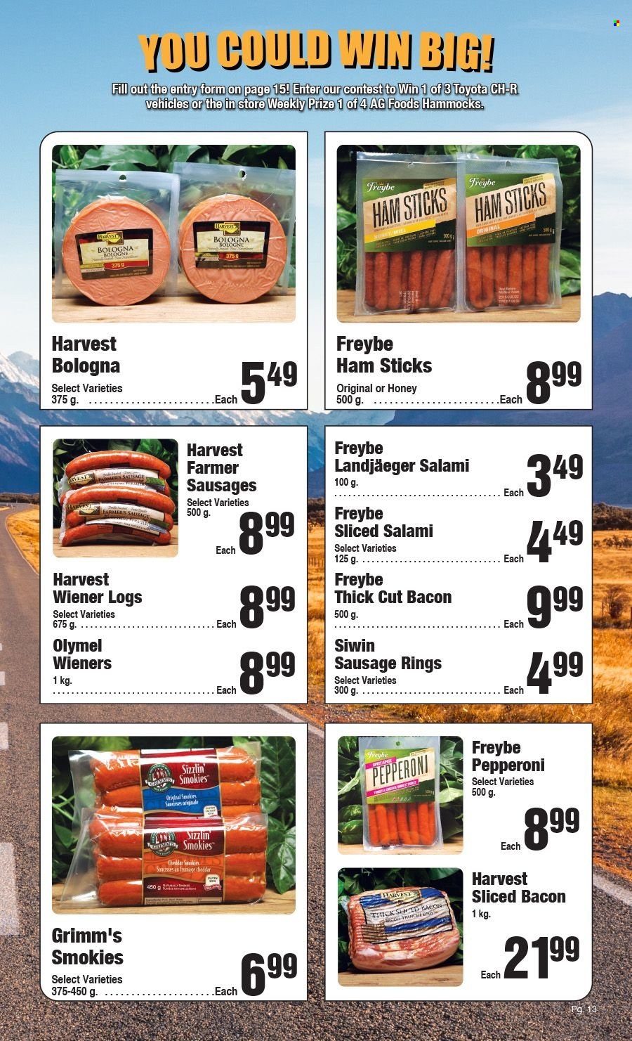 thumbnail - AG Foods Flyer - May 01, 2022 - May 28, 2022 - Sales products - bacon, salami, ham, bologna sausage, sausage, pepperoni, cheddar, cheese. Page 13.