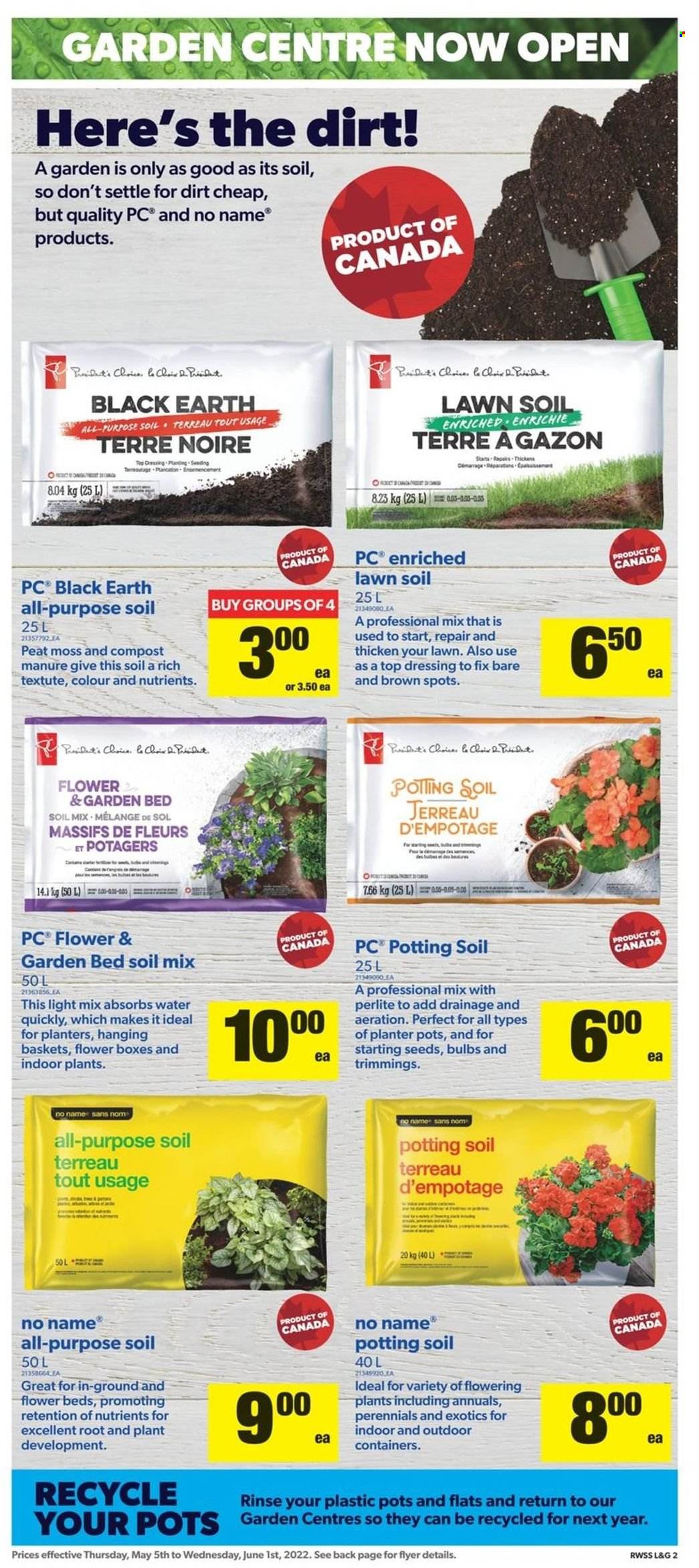thumbnail - Real Canadian Superstore Flyer - May 05, 2022 - June 01, 2022 - Sales products - No Name, dressing, Planters, Sol, basket, pot, bulb, hanging basket, garden bed, compost. Page 2.