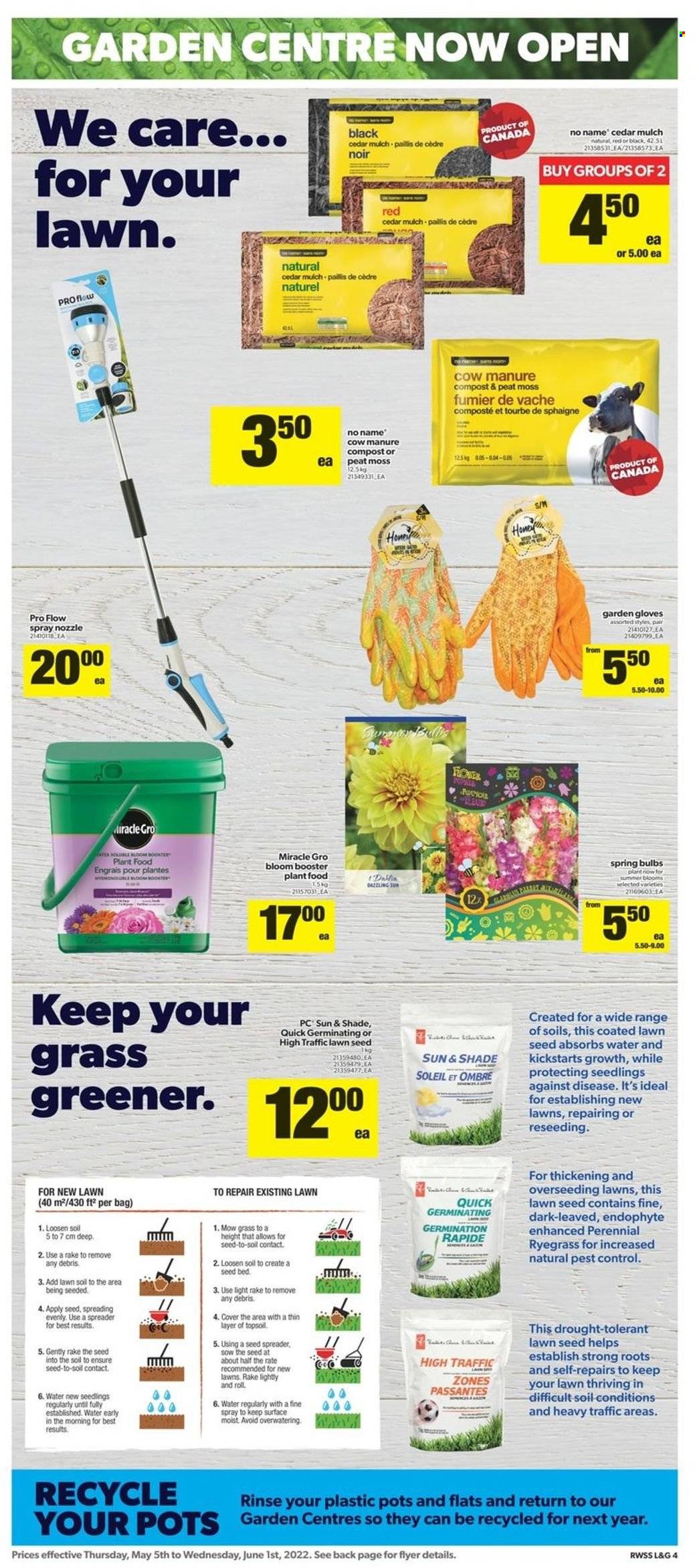 thumbnail - Real Canadian Superstore Flyer - May 05, 2022 - June 01, 2022 - Sales products - No Name, bag, gloves, pot, plant seeds, bed, spreader, garden mulch, compost, garden gloves. Page 4.