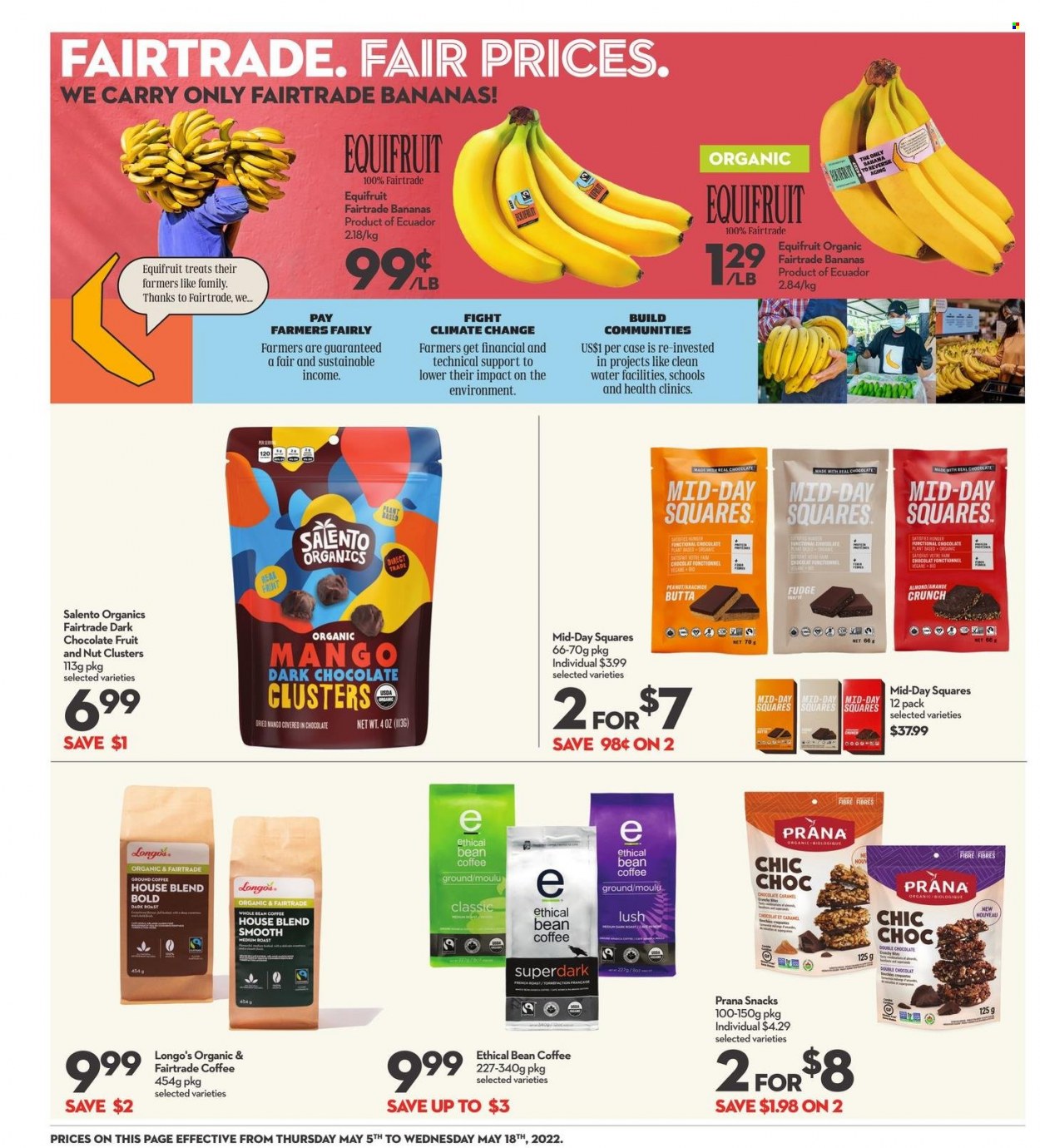 thumbnail - Longo's Flyer - May 05, 2022 - May 18, 2022 - Sales products - bananas, fudge, chocolate, snack, dark chocolate, coffee, ground coffee. Page 6.