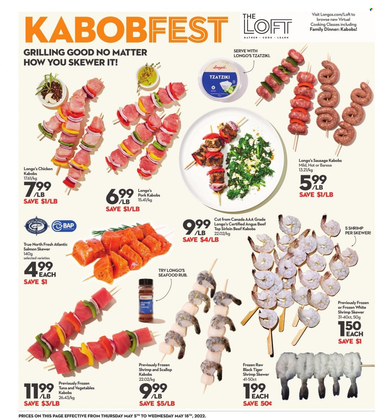 thumbnail - Longo's Flyer - May 05, 2022 - May 18, 2022 - Sales products - salmon, scallops, tuna, seafood, shrimps, sausage, tzatziki, beef meat. Page 8.