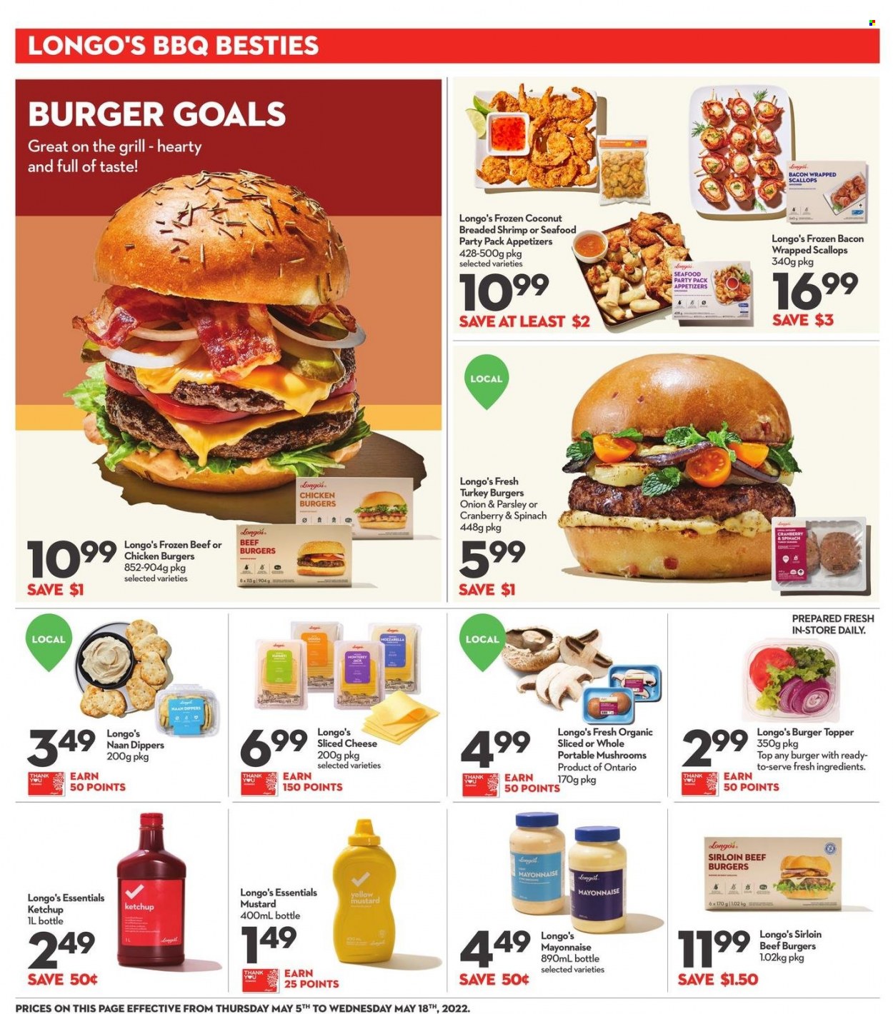 thumbnail - Longo's Flyer - May 05, 2022 - May 18, 2022 - Sales products - parsley, bacon wrapped scallops, scallops, seafood, shrimps, hamburger, beef burger, bacon, sliced cheese, cheese, mayonnaise, mustard, turkey burger, ketchup. Page 12.