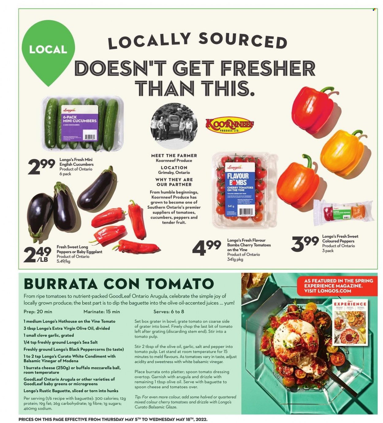 thumbnail - Longo's Flyer - May 05, 2022 - May 18, 2022 - Sales products - garlic, cherries, sea salt, pepper, cloves, balsamic glaze, dressing, balsamic vinegar, extra virgin olive oil, vinegar, juice, Joy, baguette, mozzarella. Page 13.