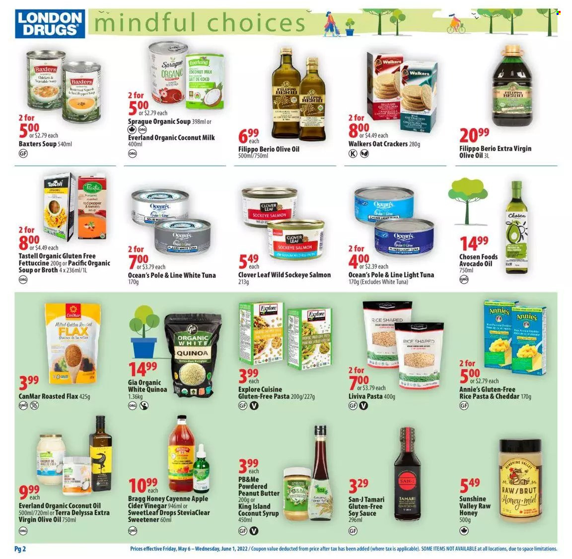 thumbnail - London Drugs Flyer - May 06, 2022 - June 01, 2022 - Sales products - crackers, Annie's, oats, broth, sweetener, coconut milk, salmon, tuna, soup, light tuna, sauce, rice, pasta, soy sauce, apple cider vinegar, avocado oil, coconut oil, extra virgin olive oil, vinegar, olive oil, oil, honey, peanut butter, syrup, Clover, Brut, quinoa. Page 2.