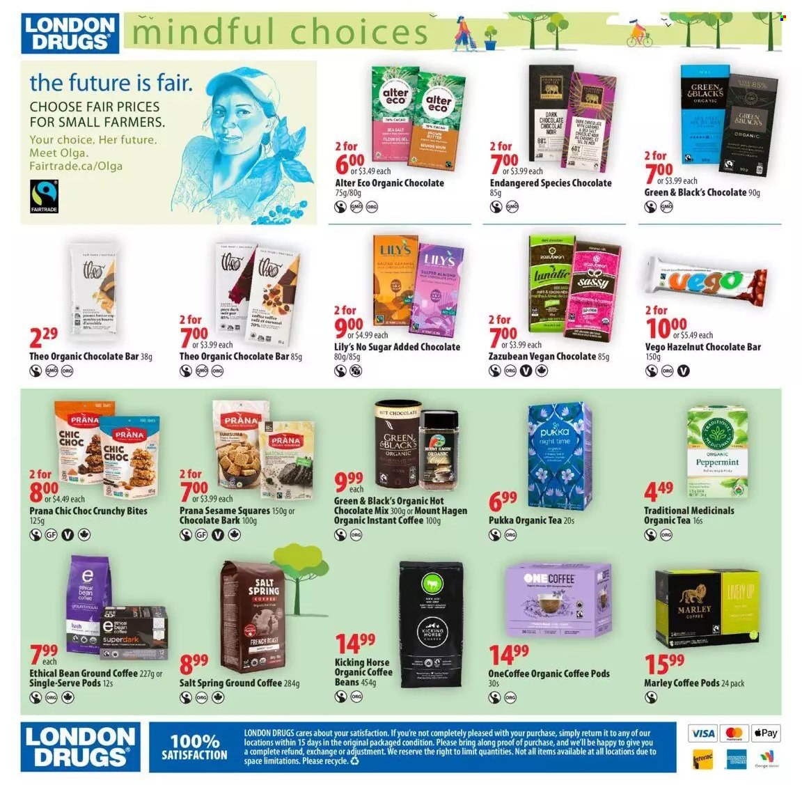 thumbnail - London Drugs Flyer - May 06, 2022 - June 01, 2022 - Sales products - dark chocolate, chocolate bar, salt, hot chocolate, tea, coffee pods, instant coffee, coffee beans, organic coffee, ground coffee. Page 8.