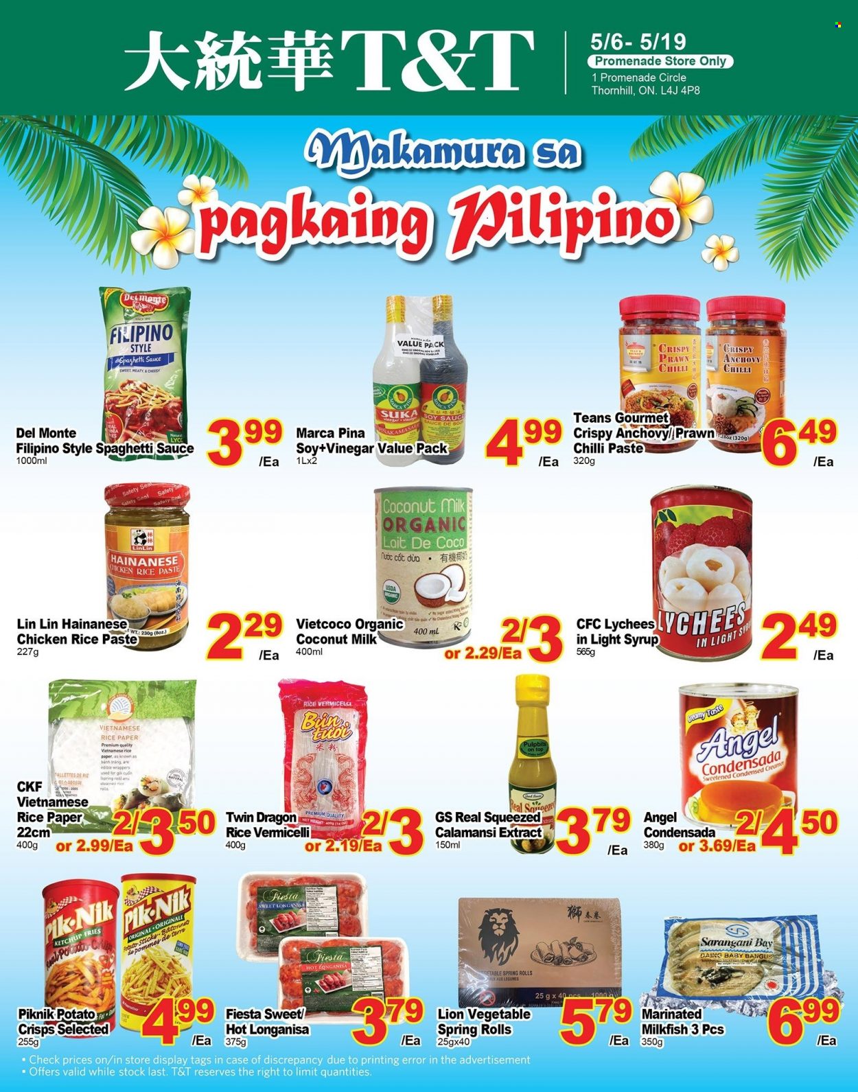thumbnail - T&T Supermarket Flyer - May 06, 2022 - May 19, 2022 - Sales products - prawns, milkfish, spaghetti, sauce, spring rolls, spaghetti sauce, potato fries, sugar, anchovies, coconut milk, rice vermicelli, vinegar, syrup, paper, ketchup. Page 1.