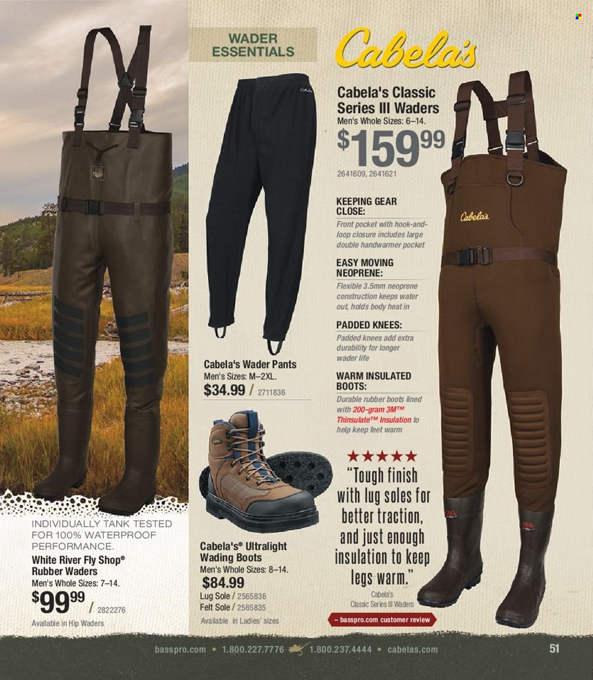 thumbnail - Bass Pro Shops Flyer - Sales products - pants, boots, wading boots, tank. Page 51.