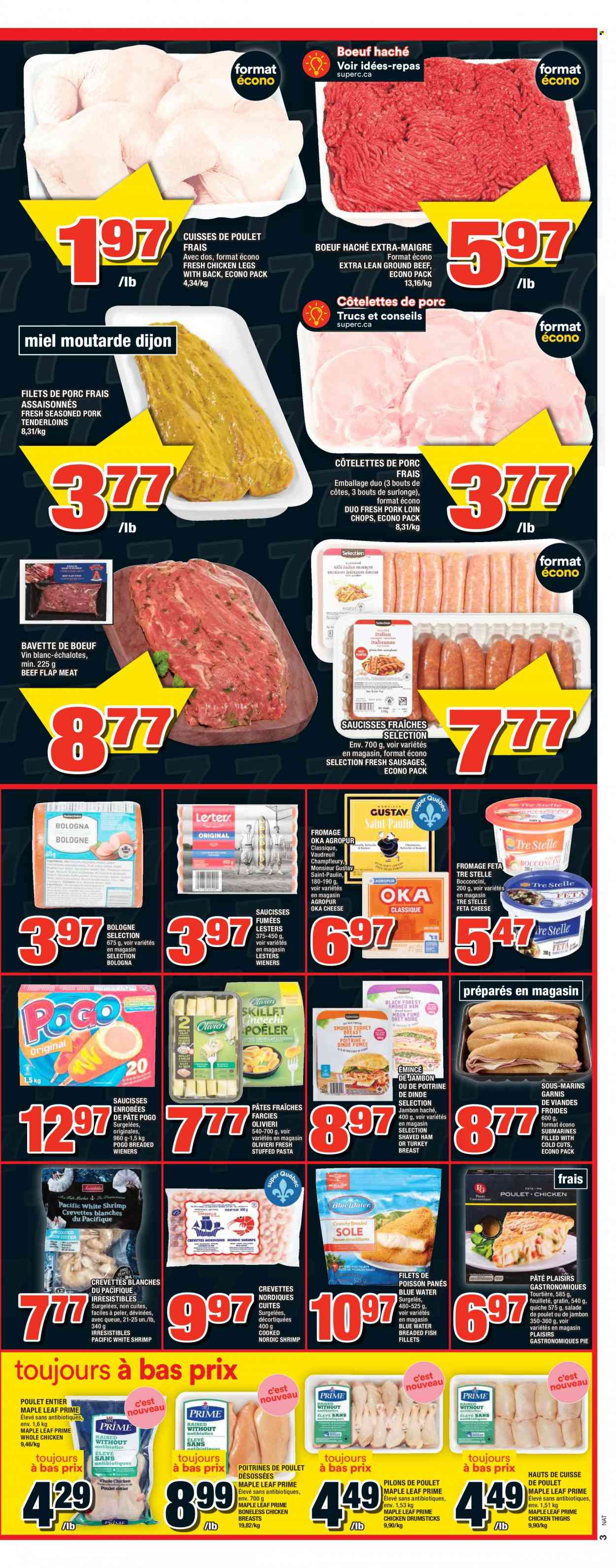 thumbnail - Super C Flyer - May 12, 2022 - May 18, 2022 - Sales products - pie, fish fillets, fish, shrimps, pasta, breaded fish, ham, bologna sausage, sausage, bocconcini, cheese, feta, quiche, turkey breast, whole chicken, chicken legs, chicken thighs, chicken drumsticks, chicken, turkey, beef meat, ground beef, pork chops, pork loin, pork meat, pork tenderloin. Page 4.