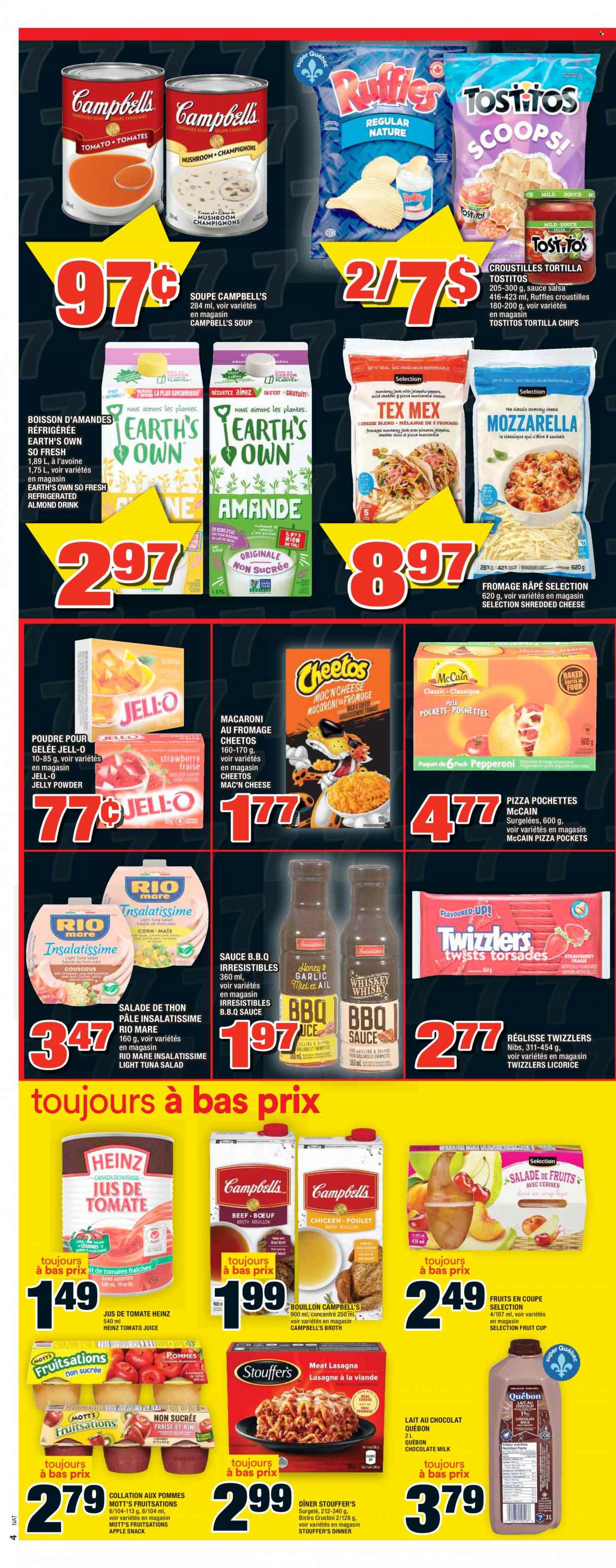 thumbnail - Super C Flyer - May 12, 2022 - May 18, 2022 - Sales products - salad, Mott's, tuna, Campbell's, pizza, macaroni, soup, sauce, tuna salad, shredded cheese, milk, Stouffer's, McCain, milk chocolate, chocolate, snack, jelly, tortilla chips, Cheetos, chips, Ruffles, Tostitos, bouillon, Jell-O, broth, light tuna, salsa, tomato juice, juice, Heinz. Page 5.