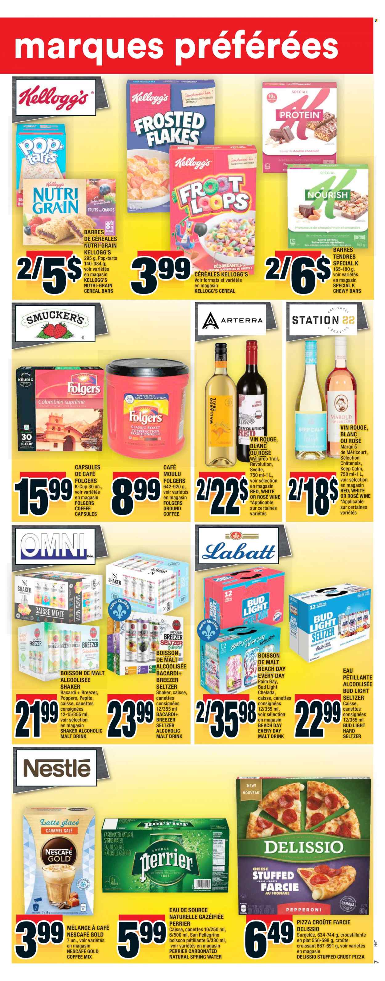 thumbnail - Super C Flyer - May 12, 2022 - May 18, 2022 - Sales products - croissant, pizza, cereal bar, Kellogg's, Pop-Tarts, malt, cereals, Nutri-Grain, Perrier, spring water, San Pellegrino, coffee, Folgers, ground coffee, coffee capsules, K-Cups, wine, rosé wine, Bacardi, Hard Seltzer, beer, Bud Light, Nescafé. Page 8.