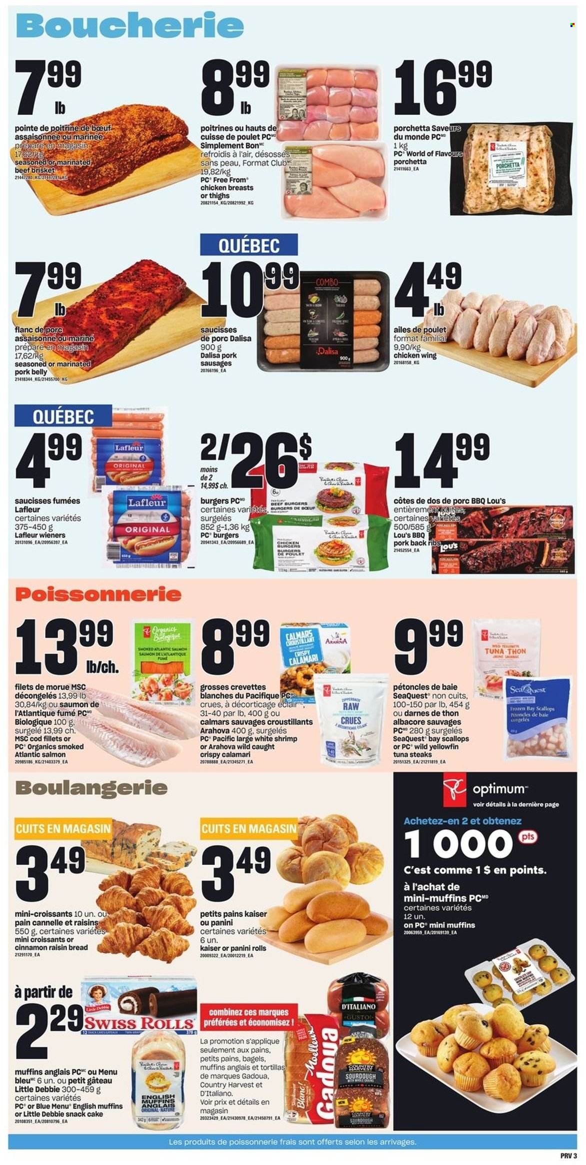 thumbnail - Provigo Flyer - May 12, 2022 - May 18, 2022 - Sales products - bagels, bread, english muffins, tortillas, croissant, panini, calamari, cod, salmon, scallops, tuna, shrimps, hamburger, beef burger, sausage, Country Harvest, snack, snack cake, dried fruit, chicken breasts, beef meat, beef brisket, marinated beef, pork belly, pork meat, marinated pork, raisins, steak. Page 4.