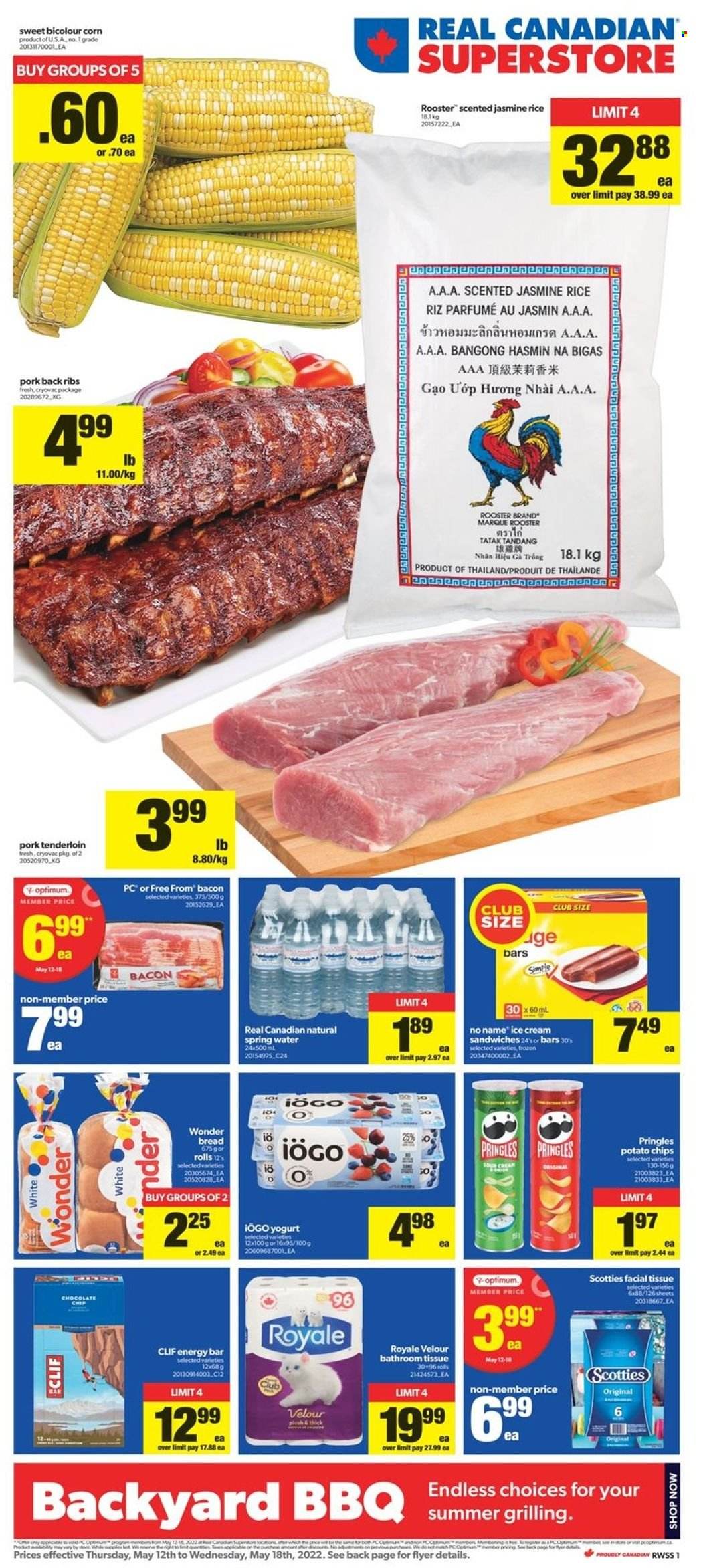 thumbnail - Real Canadian Superstore Flyer - May 12, 2022 - May 18, 2022 - Sales products - bread, corn, No Name, bacon, yoghurt, ice cream, ice cream sandwich, potato chips, Pringles, rice, jasmine rice, spring water, pork meat, pork ribs, pork tenderloin, pork back ribs, bath tissue, Optimum. Page 1.