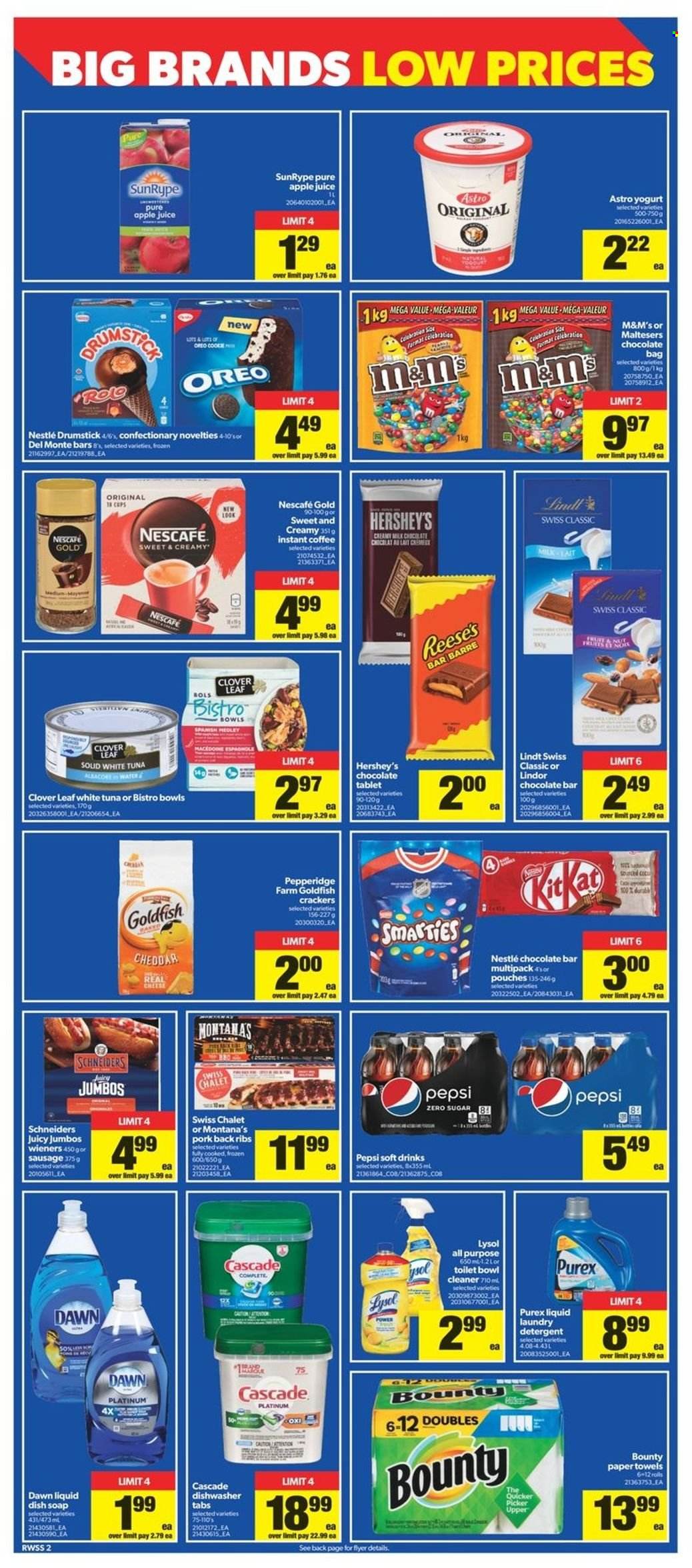 thumbnail - Real Canadian Superstore Flyer - May 12, 2022 - May 18, 2022 - Sales products - tablet, tuna, sausage, cheese, yoghurt, Clover, milk, Reese's, Hershey's, Bounty, crackers, Maltesers, chocolate bar, Goldfish, apple juice, Pepsi, juice, soft drink, instant coffee, pork meat, pork ribs, pork back ribs, kitchen towels, paper towels, cleaner, Lysol, laundry detergent, Cascade, Purex, soap, detergent, Nestlé, Oreo, Lindt, Lindor, Smarties, Nescafé, M&M's. Page 3.