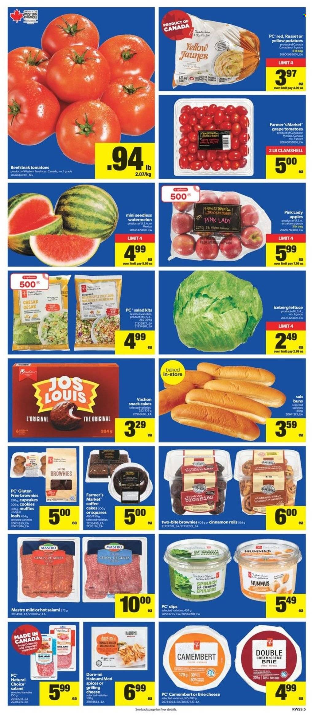 thumbnail - Real Canadian Superstore Flyer - May 12, 2022 - May 18, 2022 - Sales products - cake, buns, cinnamon roll, cupcake, brownies, muffin, corn, russet potatoes, tomatoes, potatoes, apples, watermelon, Pink Lady, salami, hummus, cheese, brie, cookies, snack, Optimum, camembert. Page 6.