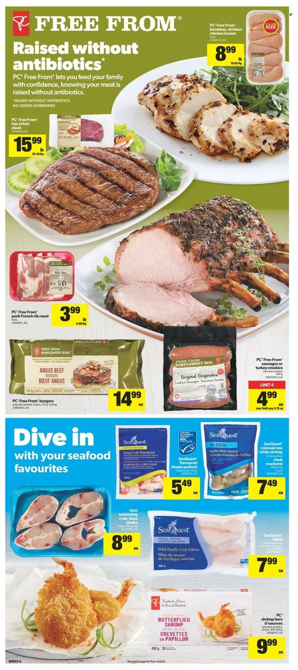 thumbnail - Real Canadian Superstore Flyer - May 12, 2022 - May 18, 2022 - Sales products - cod, mackerel, king crab, pollock, seafood, crab, shrimps, hamburger, beef burger, sausage, chicken breasts, chicken, beef meat, beef sirloin, sirloin steak, steak. Page 7.
