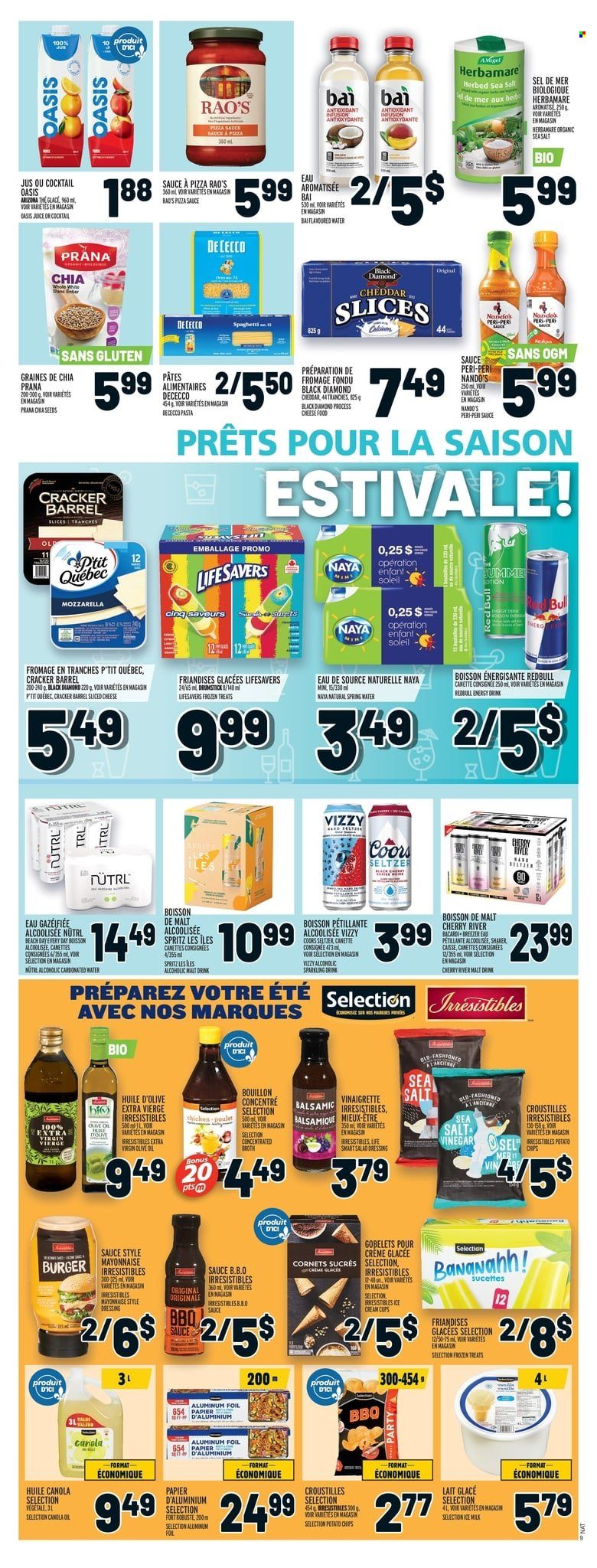 thumbnail - Metro Flyer - May 12, 2022 - May 18, 2022 - Sales products - cherries, spaghetti, pasta, sauce, milk, mayonnaise, crackers, potato chips, bouillon, broth, malt, chia seeds, salad dressing, vinaigrette dressing, dressing, canola oil, extra virgin olive oil, olive oil, juice, energy drink, AriZona, Bai, seltzer water, spring water, Bacardi, beer, shaker, cup, aluminium foil, Coors. Page 8.