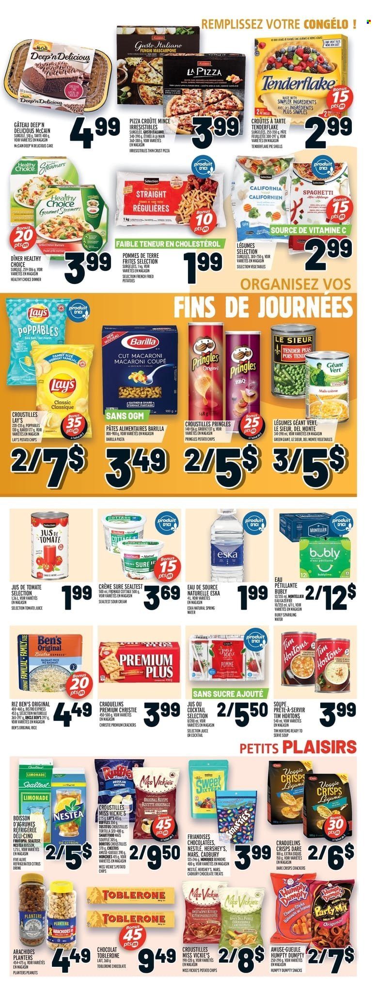 thumbnail - Metro Flyer - May 12, 2022 - May 18, 2022 - Sales products - cake, spaghetti, pizza, macaroni, soup, pasta, Healthy Choice, sour cream, Hershey's, McCain, chocolate, snack, Mars, crackers, Toblerone, Cadbury, Doritos, potato chips, Pringles, Cheetos, chips, Lay’s, Ruffles, Tostitos, Uncle Ben's, rice, peanuts, Planters, juice, spring water, Sure, mascarpone, Nestlé, Barilla. Page 10.