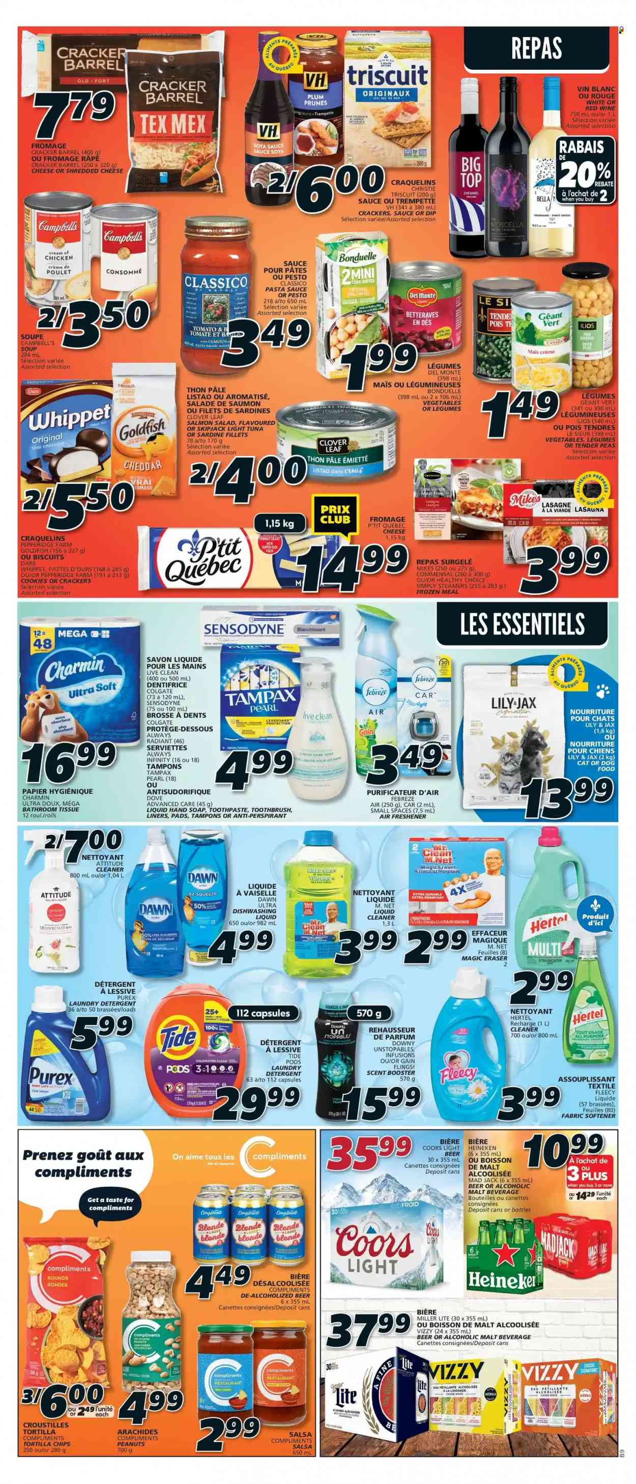 thumbnail - IGA Flyer - May 12, 2022 - May 18, 2022 - Sales products - Bella, peas, sardines, Campbell's, pasta sauce, soup, lasagna meal, Healthy Choice, shredded cheese, Clover, dip, cookies, crackers, biscuit, tortilla chips, Goldfish, malt, light tuna, soy sauce, salsa, Classico, prunes, peanuts, dried fruit, white wine, Pinot Grigio, beer, Heineken, Dove, Colgate, Miller Lite, Tampax, pesto, Sensodyne, Coors. Page 8.