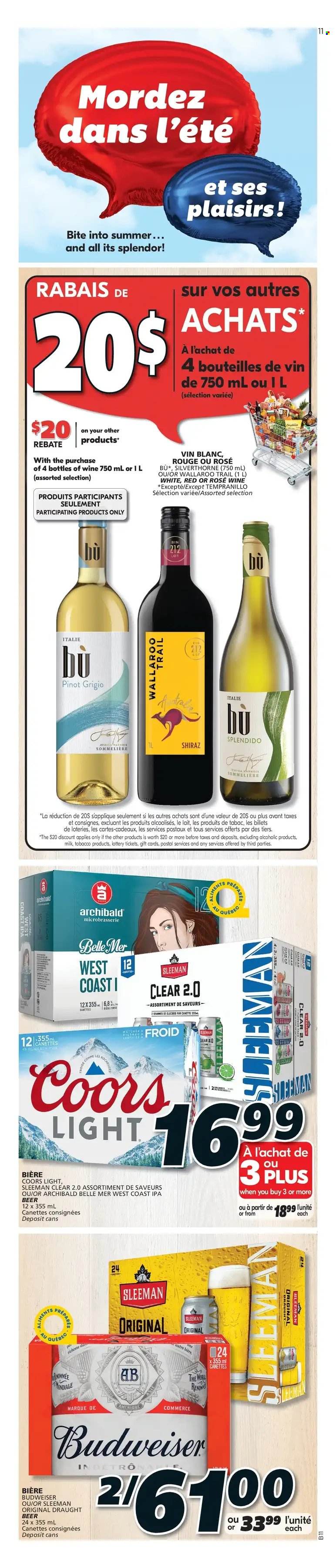 thumbnail - IGA Flyer - May 12, 2022 - May 18, 2022 - Sales products - milk, red wine, white wine, wine, Shiraz, Tempranillo, Pinot Grigio, rosé wine, beer, IPA, Budweiser, Coors. Page 9.