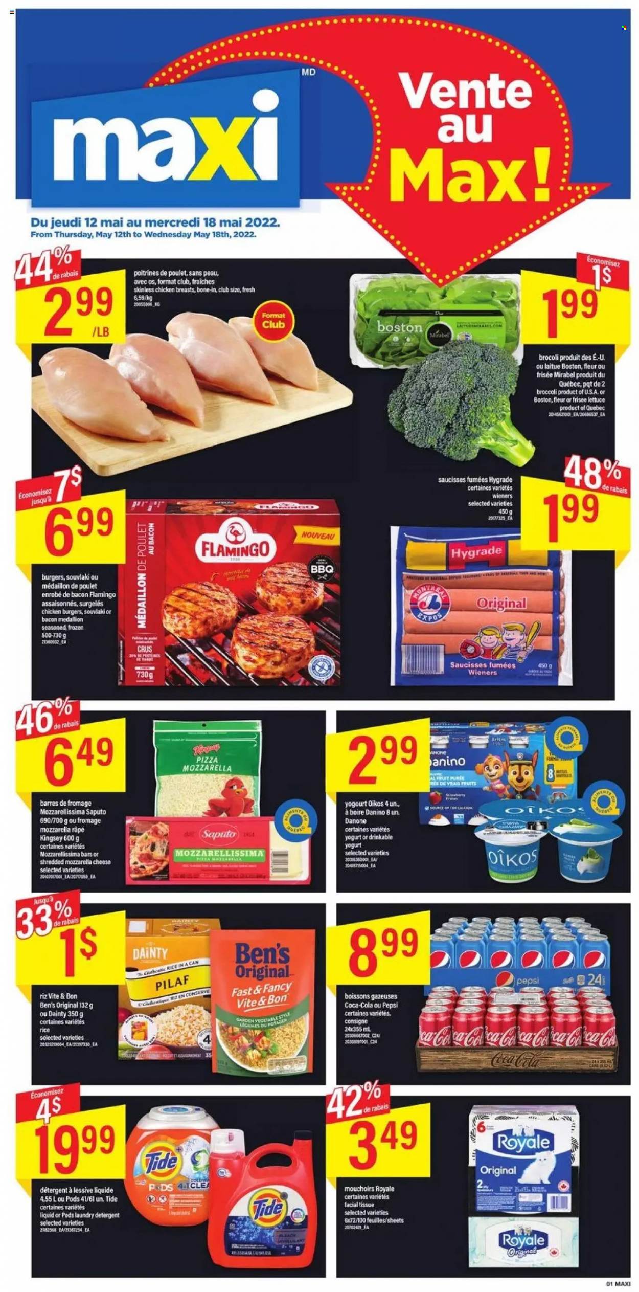 thumbnail - Maxi Flyer - May 12, 2022 - May 18, 2022 - Sales products - broccoli, lettuce, pizza, hamburger, bacon, yoghurt, Oikos, rice, Coca-Cola, Pepsi, chicken breasts, tissues, Tide, laundry detergent, detergent, Danone. Page 1.