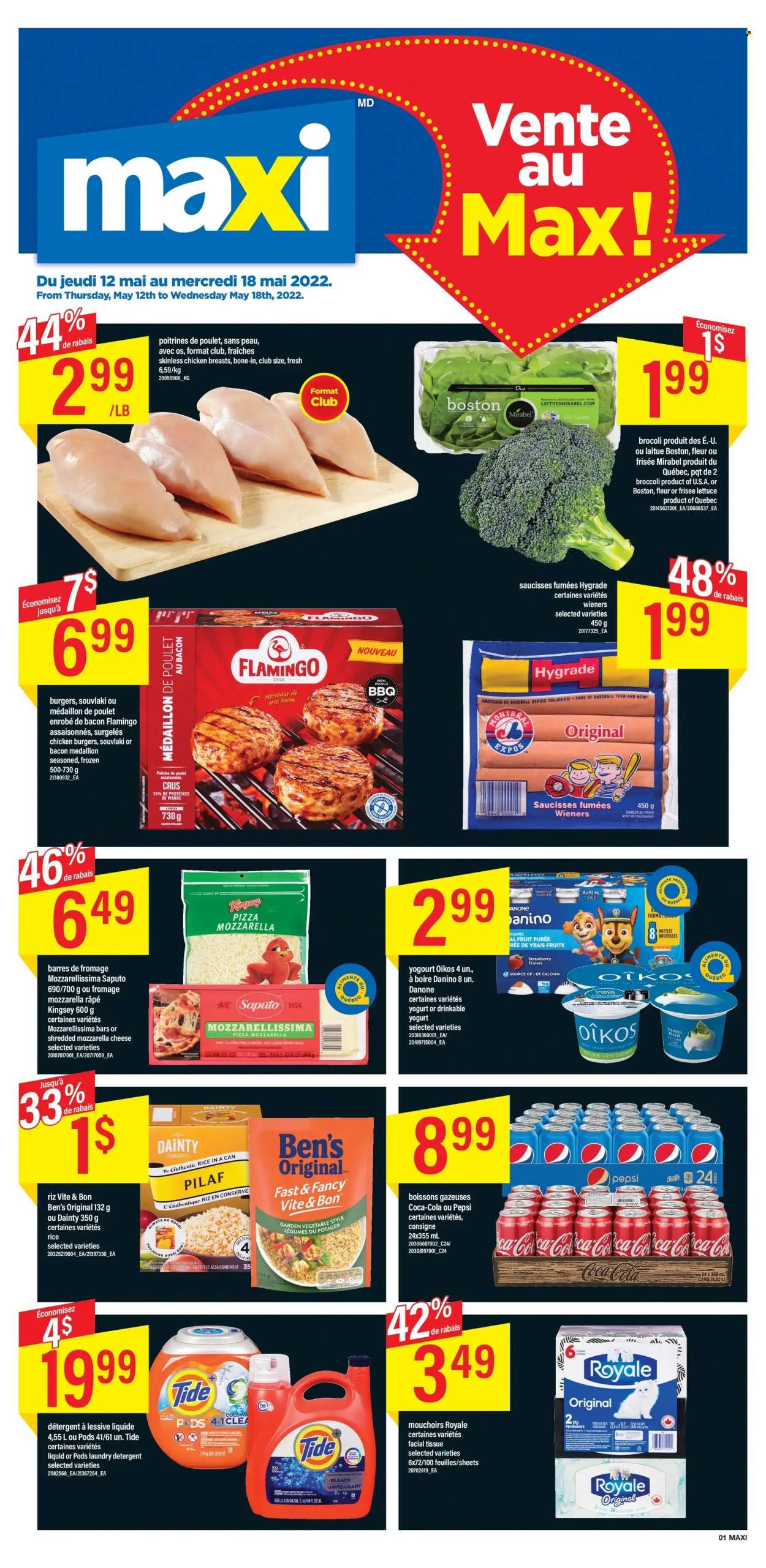 thumbnail - Maxi & Cie Flyer - May 12, 2022 - May 18, 2022 - Sales products - broccoli, lettuce, pizza, hamburger, sauce, bacon, yoghurt, Oikos, rice, spice, Coca-Cola, Pepsi, chicken breasts, tissues, bleach, Tide, laundry detergent, calcium, detergent, Danone. Page 1.