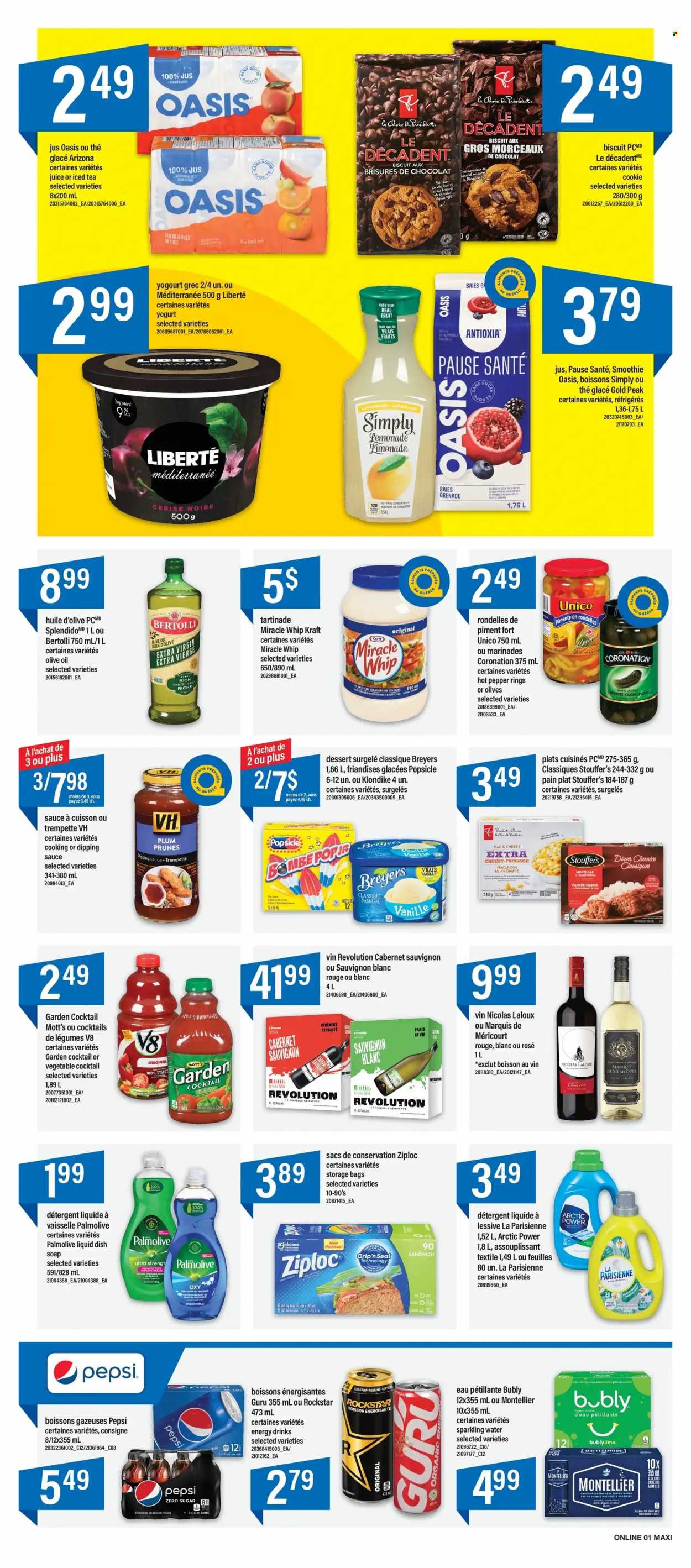 thumbnail - Maxi & Cie Flyer - May 12, 2022 - May 18, 2022 - Sales products - Mott's, sandwich, macaroni, sauce, meatloaf, Kraft®, Bertolli, yoghurt, Miracle Whip, Stouffer's, biscuit, pepper, extra virgin olive oil, olive oil, oil, prunes, dried fruit, lemonade, Pepsi, juice, energy drink, ice tea, AriZona, Rockstar, smoothie, sparkling water, Cabernet Sauvignon, white wine, Sauvignon Blanc, rosé wine, Palmolive, soap, bag, Ziploc, detergent, olives, oranges. Page 7.