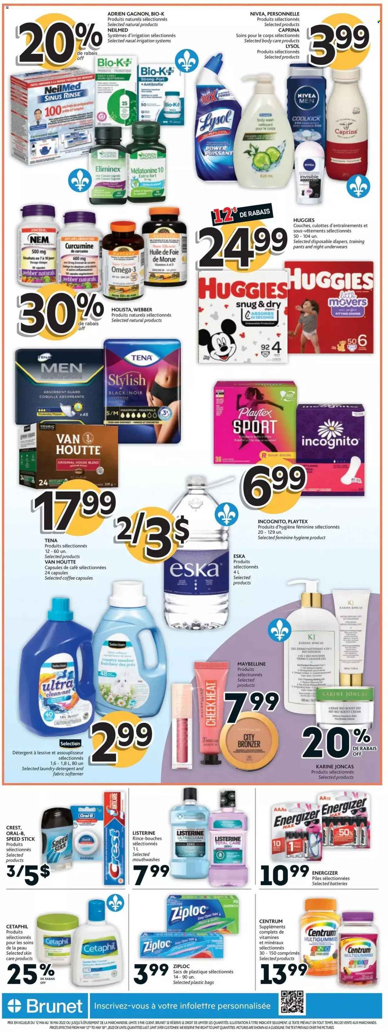 thumbnail - Brunet Flyer - May 12, 2022 - May 18, 2022 - Sales products - pants, nappies, baby pants, Lysol, laundry detergent, body wash, Crest, Playtex, Speed Stick, bag, Ziploc, Maybelline, bronzing powder, Omega-3, Centrum, detergent, Energizer, Listerine, Huggies, Nivea, Oral-B. Page 2.