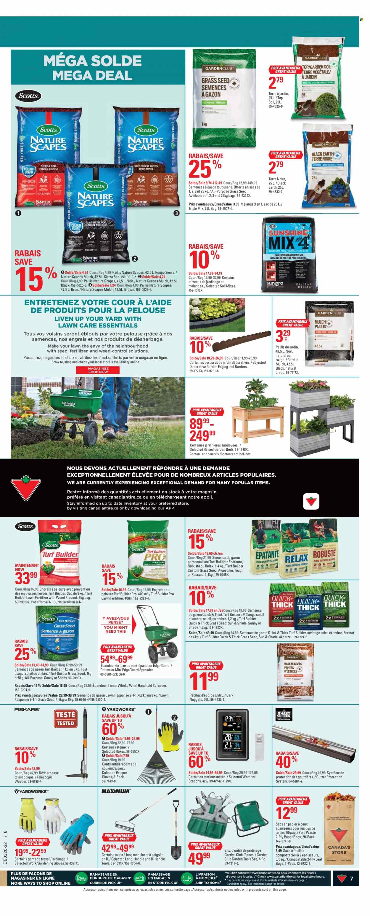 thumbnail - Canadian Tire Flyer - May 12, 2022 - May 18, 2022 - Sales products - Fiskars, gloves, paper, spreader, gardening tools, fertilizer, turf builder, garden soil, grass seed, garden mulch. Page 7.