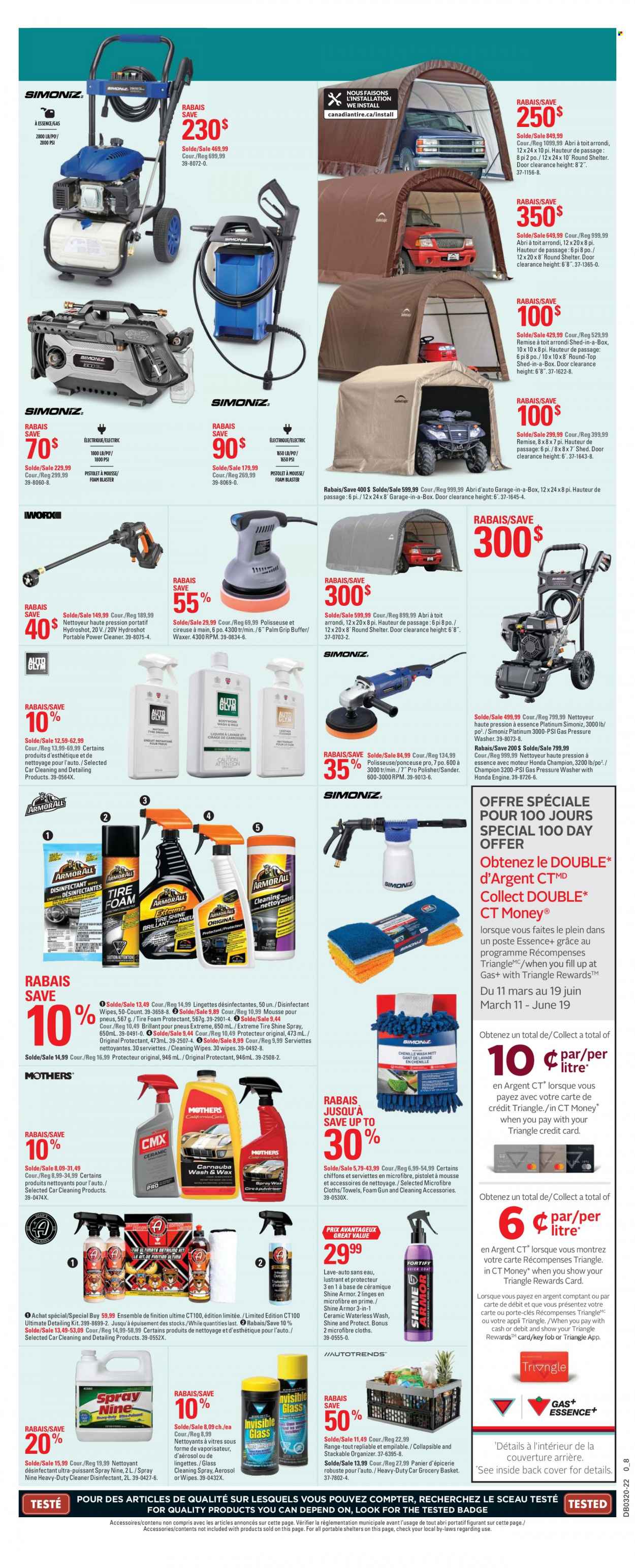 thumbnail - Canadian Tire Flyer - May 12, 2022 - May 18, 2022 - Sales products - cleansing wipes, wipes, cleaner, basket, pot, towel, gun, pressure washer, shed, car cleaning products, tyre shine, desinfection. Page 24.