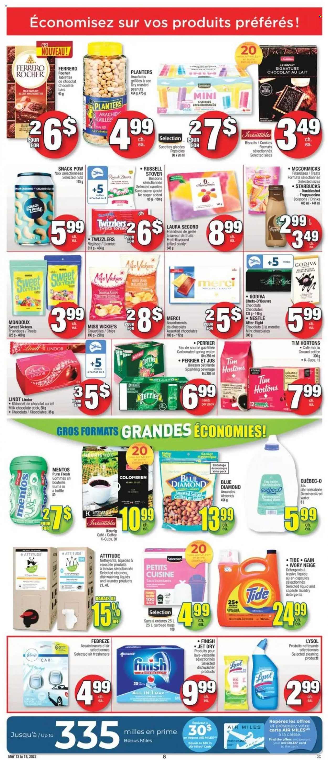 thumbnail - Jean Coutu Flyer - May 12, 2022 - May 18, 2022 - Sales products - cookies, milk chocolate, Mentos, Godiva, biscuit, After Eight, Merci, chocolate bar, chips, almonds, roasted peanuts, peanuts, Planters, Blue Diamond, Perrier, spring water, coffee, ground coffee, coffee capsules, Starbucks, K-Cups, frappuccino, Keurig, Febreze, Gain, Lysol, Tide, Jet, air freshener, Nestlé, Lindt, Lindor, Ferrero Rocher. Page 6.