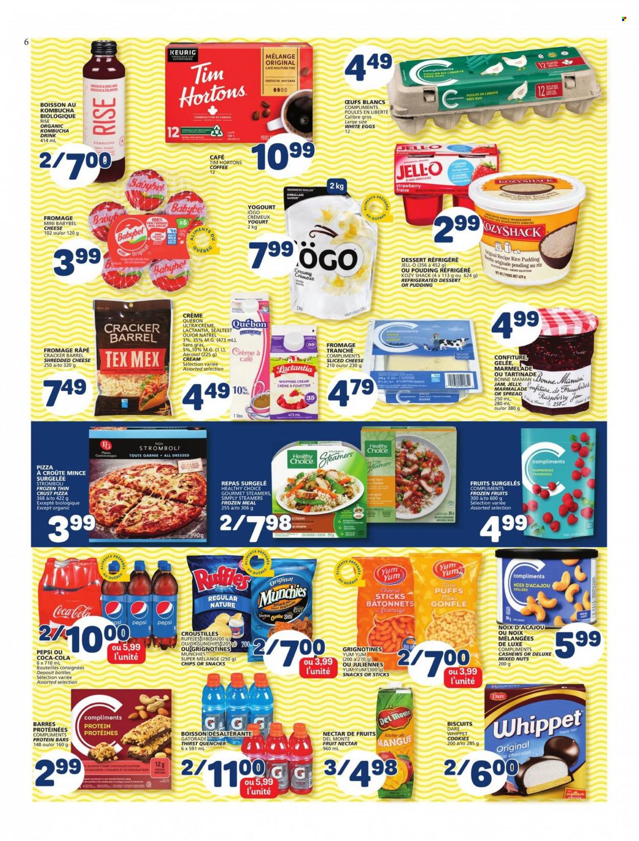 thumbnail - Marché Bonichoix Flyer - May 12, 2022 - May 18, 2022 - Sales products - puffs, corn, pizza, Healthy Choice, shredded cheese, sliced cheese, Babybel, yoghurt, rice pudding, milk, eggs, whipping cream, cheese sticks, cookies, chocolate, jelly, crackers, biscuit, Ruffles, Jell-O, protein bar, fruit jam, cashews, mixed nuts, Coca-Cola, Pepsi, fruit nectar, Gatorade, kombucha, coffee, coffee capsules, K-Cups, Keurig, wine, rosé wine. Page 6.