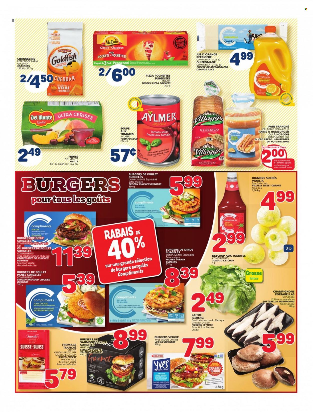 thumbnail - Marché Bonichoix Flyer - May 12, 2022 - May 18, 2022 - Sales products - buns, lettuce, salmon, tomato soup, pizza, soup, fried chicken, veggie burger, beef burger, pepperoni, sliced cheese, McCain, crackers, Goldfish, Classico, orange juice, juice, whole turkey, chicken, turkey, turkey burger, ketchup. Page 8.
