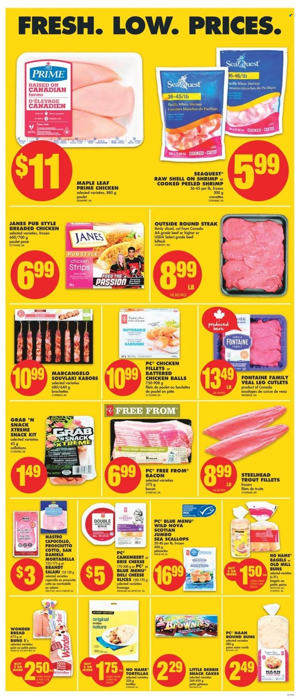 thumbnail - No Frills Flyer - May 12, 2022 - May 18, 2022 - Sales products - bagels, bread, tortillas, cake, buns, brownies, scallops, trout, No Name, fried chicken, bacon, mortadella, salami, prosciutto, sliced cheese, cheddar, cheese, brie, buttermilk, strips, snack, beef meat, round steak, camembert, steak. Page 4.