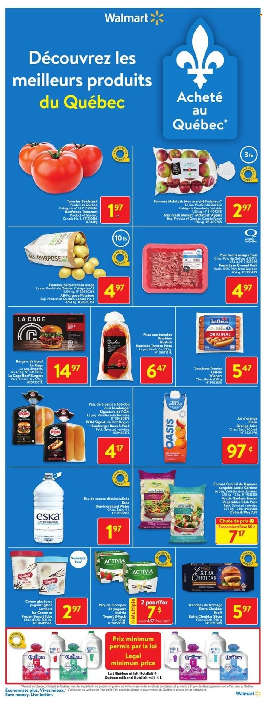 thumbnail - Walmart Flyer - May 12, 2022 - May 18, 2022 - Sales products - buns, burger buns, potatoes, apples, hot dog, pizza, beef burger, Kraft®, cheddar, yoghurt, Activia, milk, frozen vegetables, orange juice, juice, ground pork, XTRA, cage, McIntosh. Page 3.