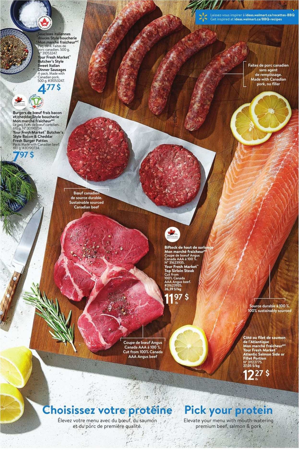 thumbnail - Circulaire Walmart - 12 Mai 2022 - 29 Juin 2022 - Produits soldés - steak, saumon, pavés de saumon, bacon, saucisse. Page 7.