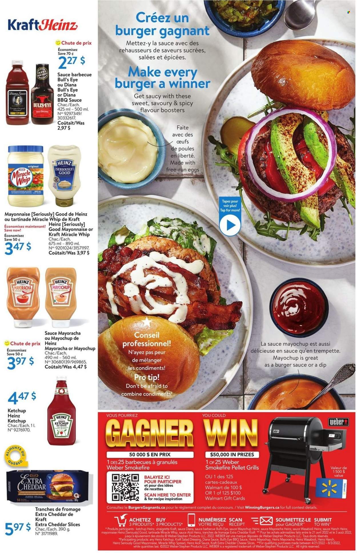 thumbnail - Walmart Flyer - May 12, 2022 - June 29, 2022 - Sales products - Kraft®, sliced cheese, cheddar, eggs, Miracle Whip, BBQ sauce, salad dressing, vinaigrette dressing, dressing, Weber, Heinz, ketchup. Page 8.