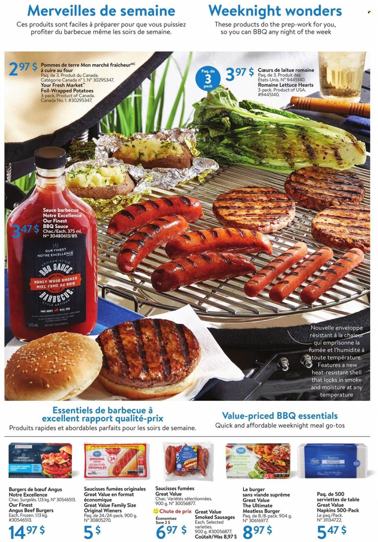thumbnail - Walmart Flyer - May 12, 2022 - June 29, 2022 - Sales products - potatoes, lettuce, hamburger, sauce, beef burger, sausage, BBQ sauce, honey, beef meat, napkins, table, Shell. Page 10.