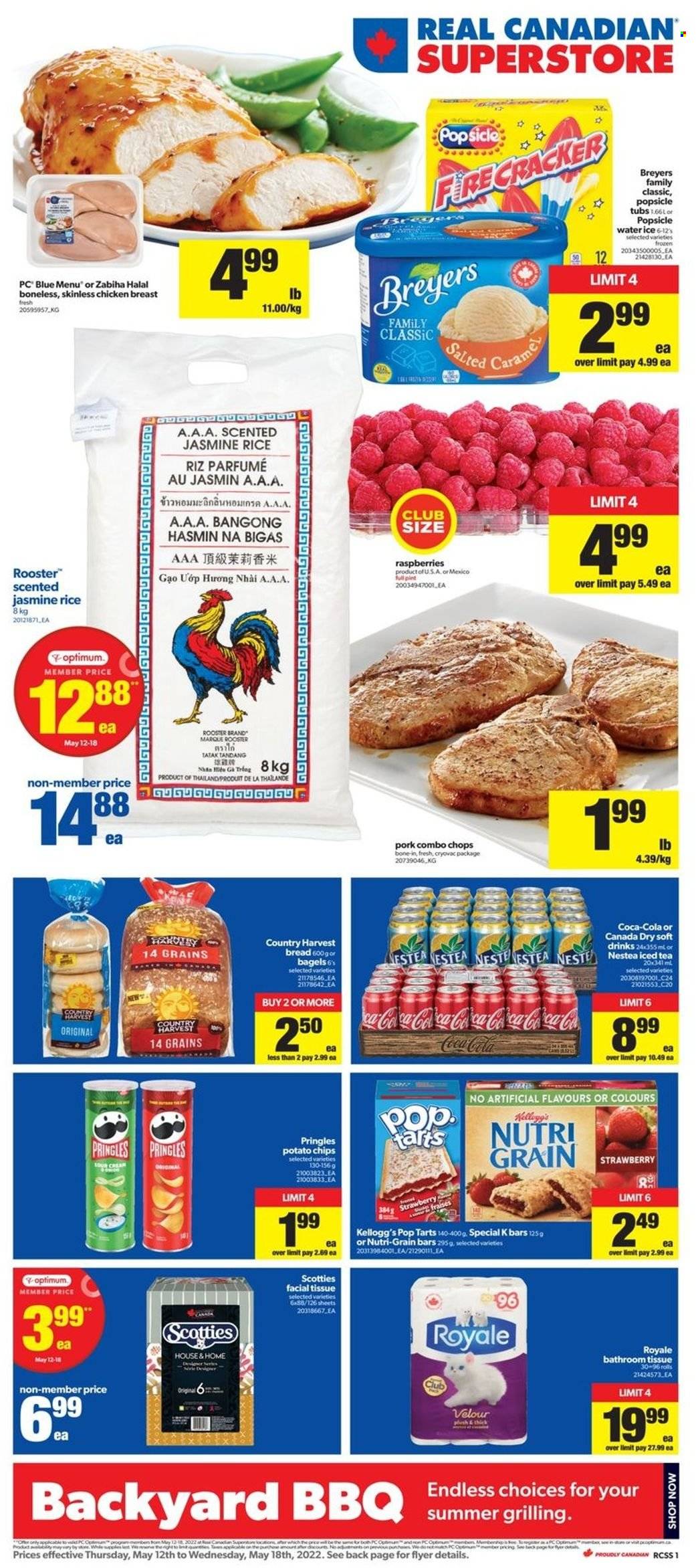 thumbnail - Real Canadian Superstore Flyer - May 12, 2022 - May 18, 2022 - Sales products - bread, Country Harvest, Kellogg's, Pop-Tarts, potato chips, Pringles, Nutri-Grain, rice, jasmine rice, Canada Dry, Coca-Cola, ice tea, soft drink, chicken breasts, chicken, bath tissue, Optimum. Page 1.