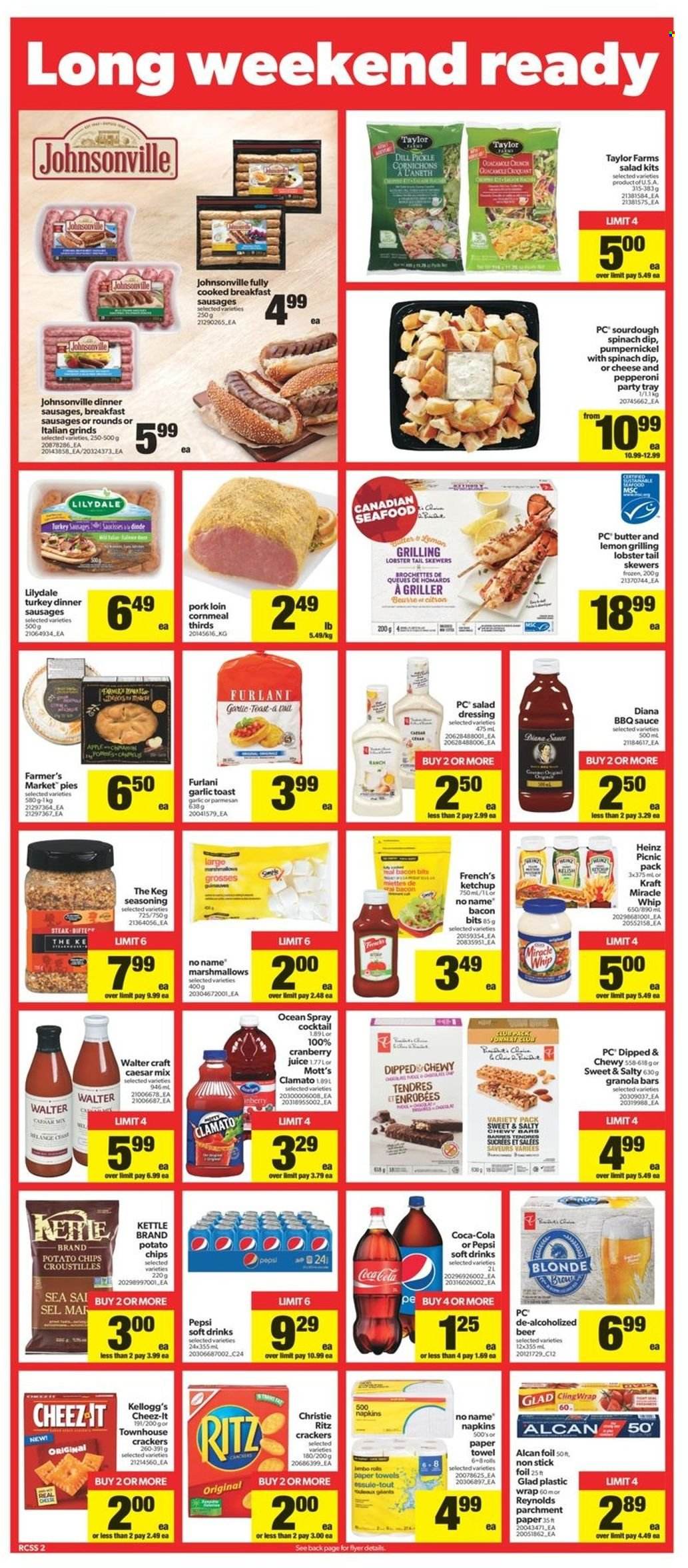 thumbnail - Real Canadian Superstore Flyer - May 12, 2022 - May 18, 2022 - Sales products - Mott's, lobster, seafood, lobster tail, No Name, sauce, Kraft®, Johnsonville, bacon bits, sausage, pepperoni, parmesan, Miracle Whip, dip, spinach dip, marshmallows, crackers, Kellogg's, RITZ, dill pickle, potato chips, chips, Cheez-It, granola bar, dill, spice, BBQ sauce, salad dressing, dressing, Coca-Cola, cranberry juice, Pepsi, juice, Clamato, soft drink, beer, pork loin, pork meat, napkins, kitchen towels, paper towels, clingwrap, Heinz, ketchup, steak. Page 2.