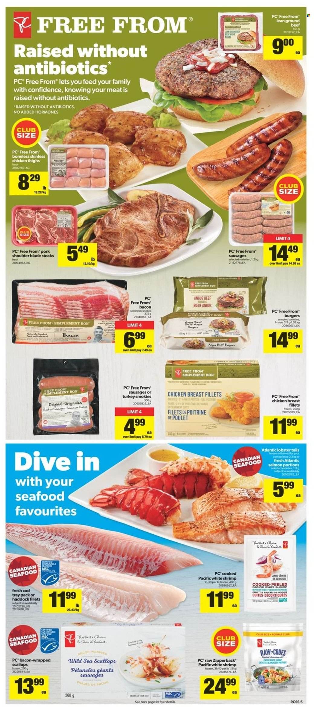 thumbnail - Real Canadian Superstore Flyer - May 12, 2022 - May 18, 2022 - Sales products - bacon wrapped scallops, cod, lobster, salmon, scallops, haddock, seafood, lobster tail, shrimps, bacon, sausage, Illy, chicken breasts, chicken thighs, chicken, beef meat, ground beef, pork meat, pork shoulder, steak. Page 5.