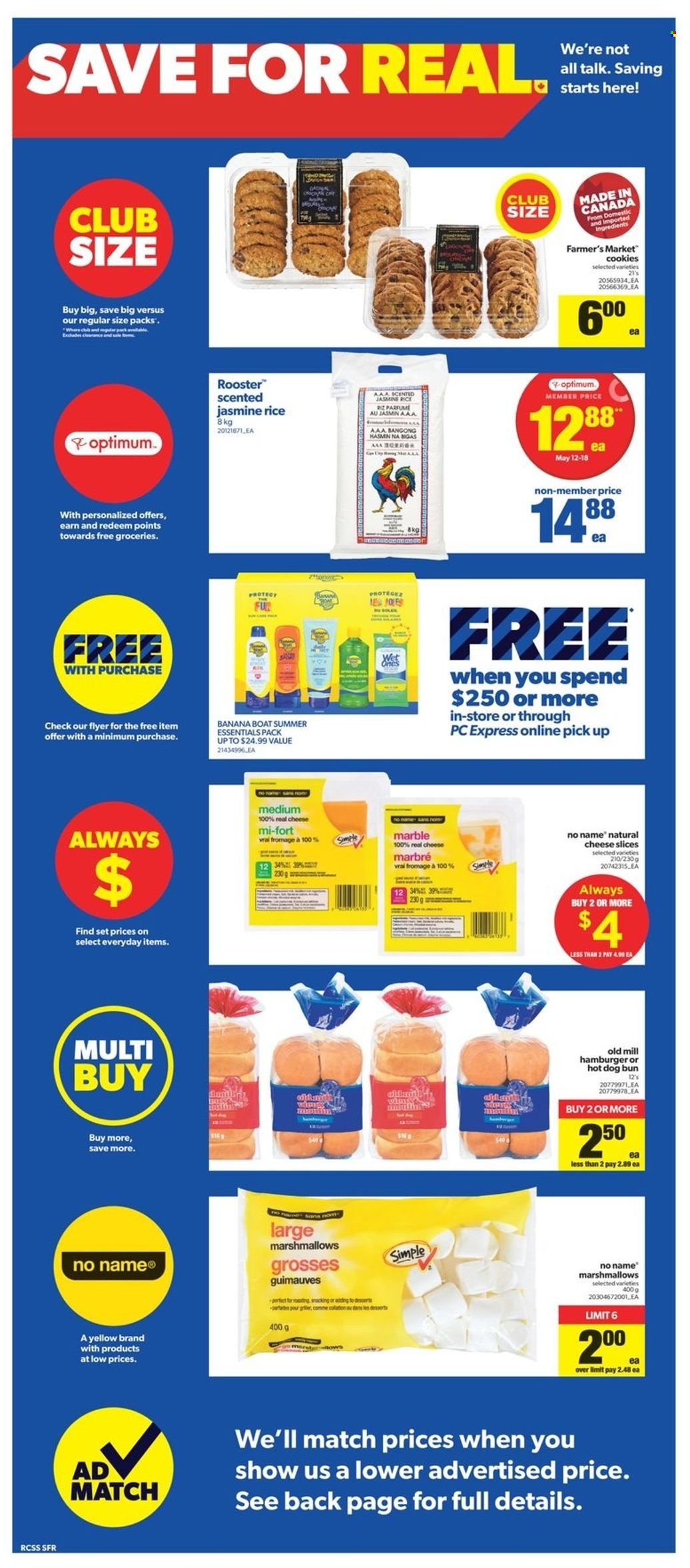 thumbnail - Real Canadian Superstore Flyer - May 12, 2022 - May 18, 2022 - Sales products - hot dog rolls, No Name, hamburger, sliced cheese, cheese, cookies, marshmallows, rice, jasmine rice, Optimum, boat. Page 9.