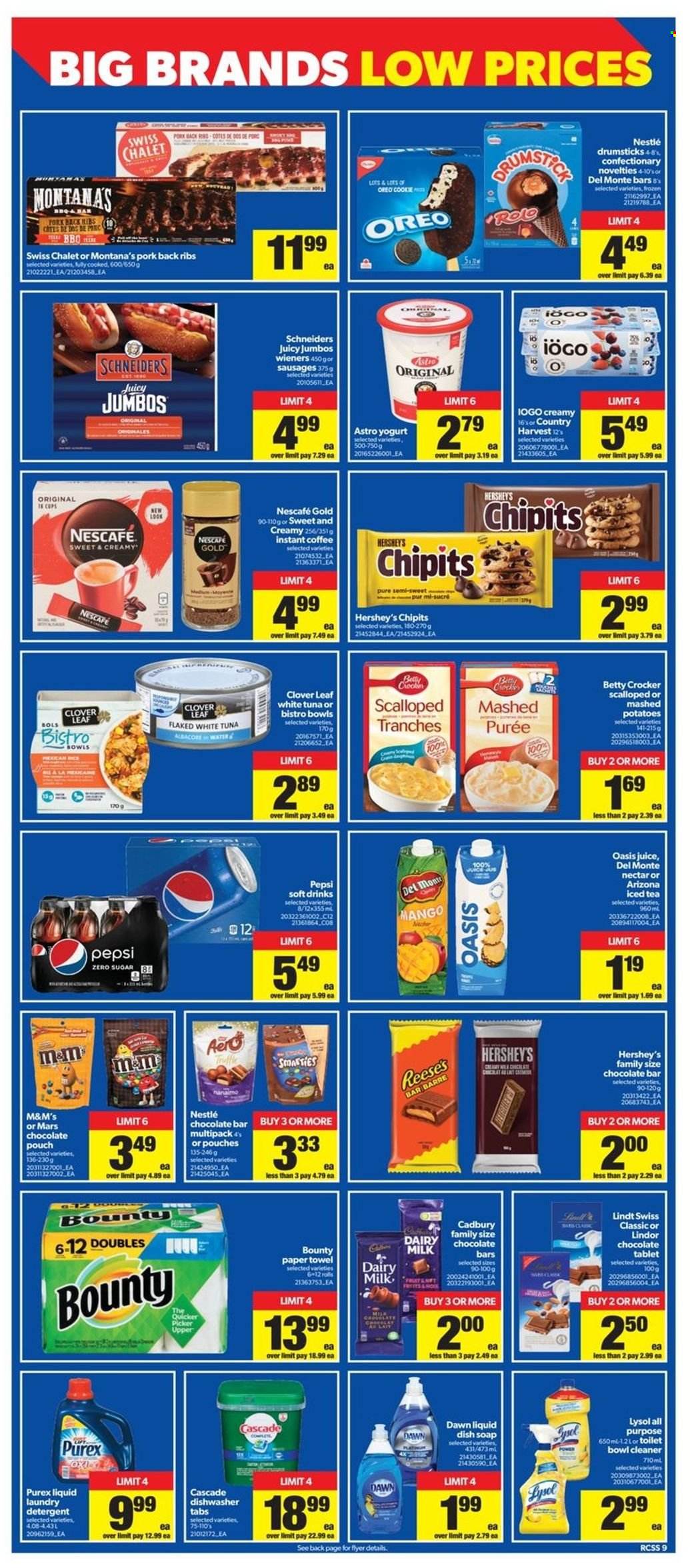 thumbnail - Real Canadian Superstore Flyer - May 12, 2022 - May 18, 2022 - Sales products - tablet, potatoes, mango, tuna, sausage, yoghurt, Clover, Reese's, Hershey's, Country Harvest, Bounty, Mars, Cadbury, Dairy Milk, chocolate bar, Pepsi, juice, ice tea, soft drink, AriZona, instant coffee, pork meat, pork ribs, pork back ribs, paper towels, cleaner, Lysol, Cascade, Purex, soap, detergent, Nestlé, Oreo, Lindt, Lindor, Smarties, Nescafé, M&M's. Page 10.
