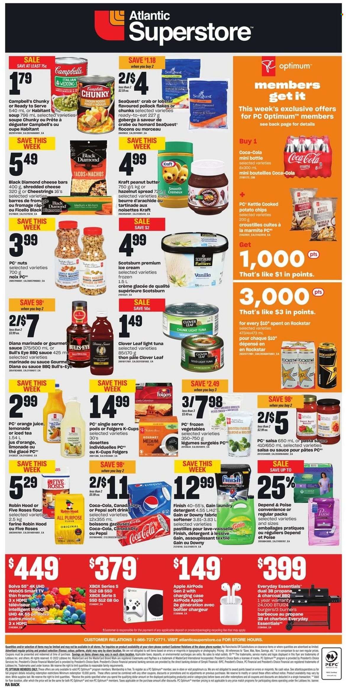 thumbnail - Atlantic Superstore Flyer - May 12, 2022 - May 18, 2022 - Sales products - tacos, lobster, tuna, pollock, crab, Campbell's, pasta sauce, soup, hamburger, sauce, Kraft®, shredded cheese, string cheese, Président, Clover, ice cream, pastilles, potato chips, light tuna, BBQ sauce, salsa, marinade, peanut butter, hazelnut spread, Canada Dry, Coca-Cola, lemonade, Pepsi, orange juice, juice, ice tea, soft drink, Folgers, coffee capsules, K-Cups, Gain, fabric softener, Downy Laundry, Optimum, detergent. Page 2.