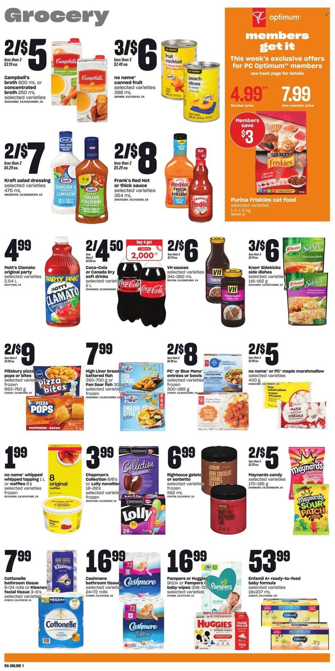 thumbnail - Atlantic Superstore Flyer - May 12, 2022 - May 18, 2022 - Sales products - waffles, Mott's, fish, No Name, Campbell's, pizza, Pillsbury, Kraft®, bacon, pepperoni, parmesan, butter, gelato, marshmallows, chocolate, lollipop, dark chocolate, sugar, topping, broth, canned fruit, caramel, salad dressing, dressing, honey, Canada Dry, Coca-Cola, Clamato, soft drink, Enfamil, wipes, baby wipes, bath tissue, Cottonelle, Kleenex, animal food, cat food, Purina, Optimum, Friskies, Huggies, Pampers, Knorr. Page 5.